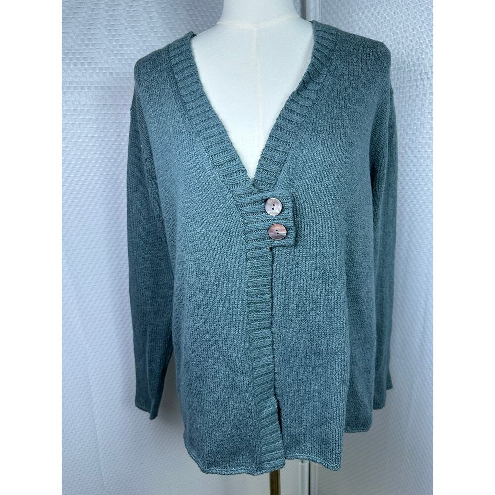 Wildroot Boho Silk Cotton Abalone Button Knit Sweater Glacier Blue Large New